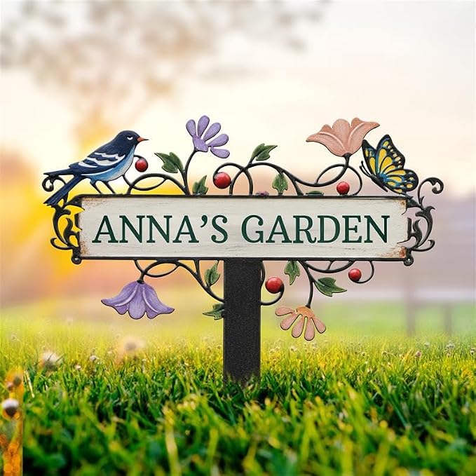Personalized Metal Yard Sign, Custom Metal Stake Decor, Bird, Butterfly & Flower Design, Gift for Garden Lovers, Garden Decor (Bird, Butterfly & Flower)