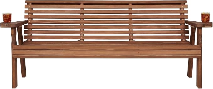 Amish Casual Heavy Duty 6 Foot Pressure Treated Outdoor Garden Bench in Oak Stain with Cup Holders - Amish Crafted Roll Back Design, 700 Lb Weight Capacity