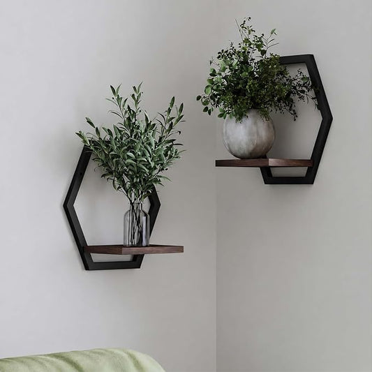 2 Pack Walnut Color Solid Wood & Metal Framework Wall Plant Stands,9 inch Natural Wood Shelf of Indoor,Mid Century Modern Hanging Planter for Outdoor Entryway 25 LB Load for Plants Black