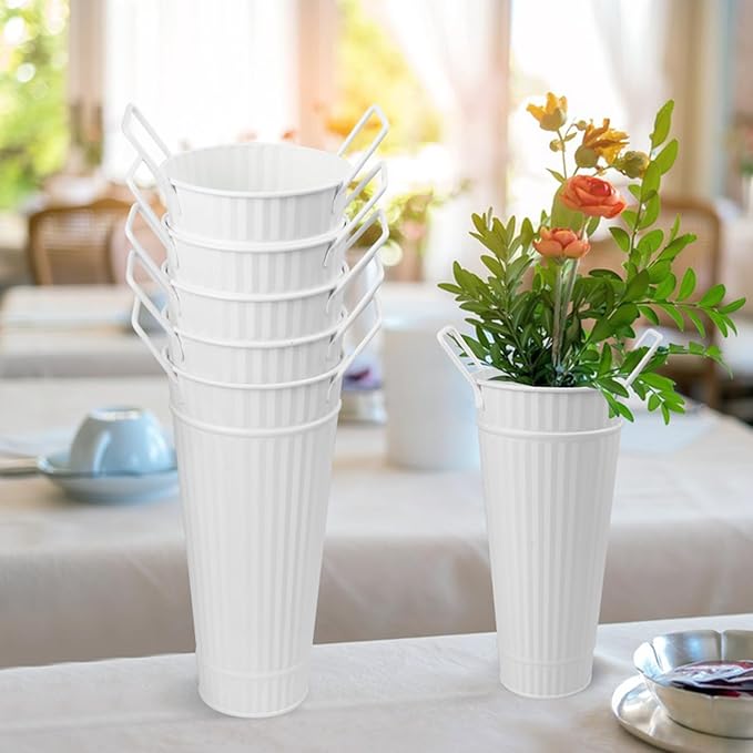 10 PCS 9 Inch Tall Galvanized Flower Buckets, Metal Flower Vase, Rustic Farmhouse French Flower Buckets with Handles for Wedding, Home Décor(White)
