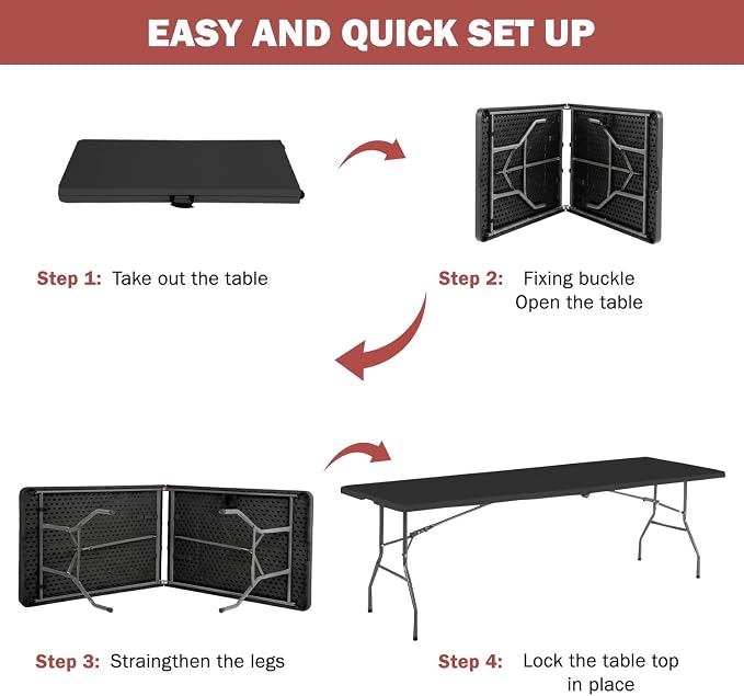 PayLessHere | 8FT Folding Table | Portable Plastic Table with Carry Handle | Waterproof & Foldable Table Design | Steel Frame with Lock | Black | for Events, Camping, Indoor & Outdoor Use