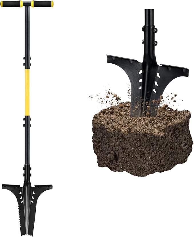 Jardineer Updated Root Shovel, Gardening Shovel Heavy Dutywith Serrated Edge and V-Cut Tip, 44.5" Digging Shovel for Gardening, Camping and Trenching, Ergonomic T-Handle Metal Shovel