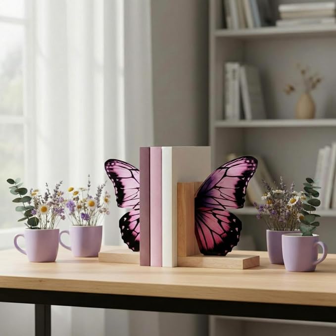 Decorative Butterfly Bookends Wooden Acrylic Butterflys Bookend Modern Bookshelf Decor Accent Book Stopper Decor for Home Farmhouse Shelves Office Lover Gift(Purple Butterfly)