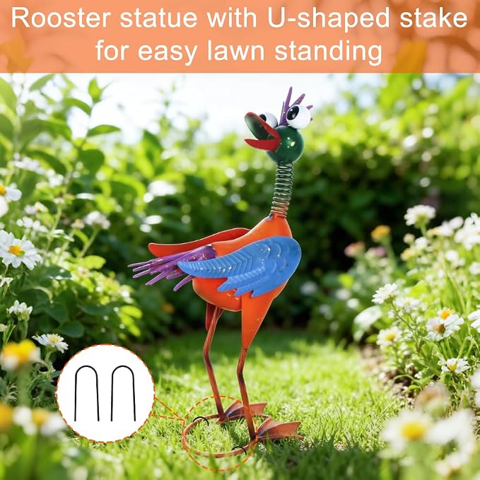 Metal Wacky Rooste Garden Statue, 16.54‘’ Rooster Decor Yard Statue Decorations Outdoor, Chicken Yard Art for Outside, Patio, Backyard, Lawn (Yellow & Blue)