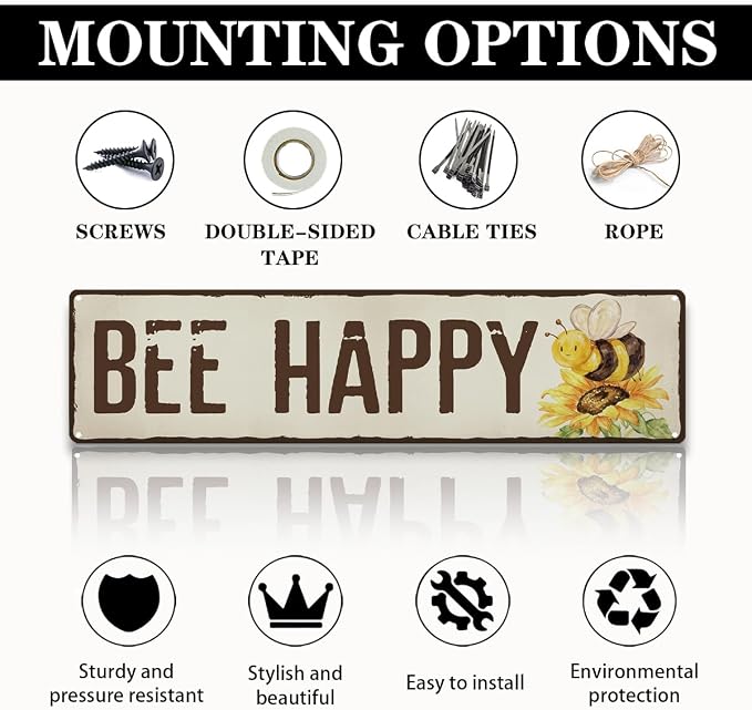 Bee Happy Garden Metal Tin Sign, Vintage Sunflower Decor, Rustic Farmhouse Garden Wall Decor, for Yard Fence Door Porch, Outdoor Gardens Decoration, Ideal for Bee Lovers, 15.7 x 3.9 Inches