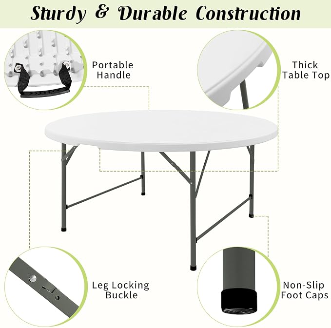 Fivenl 5 FT Round Folding Tables White Foldable Table, Fold-in-Half with Carrying Handle Portable Plastic Table for Party, Dining, Wedding, Camping, Picnic, Indoor Outdoor Events