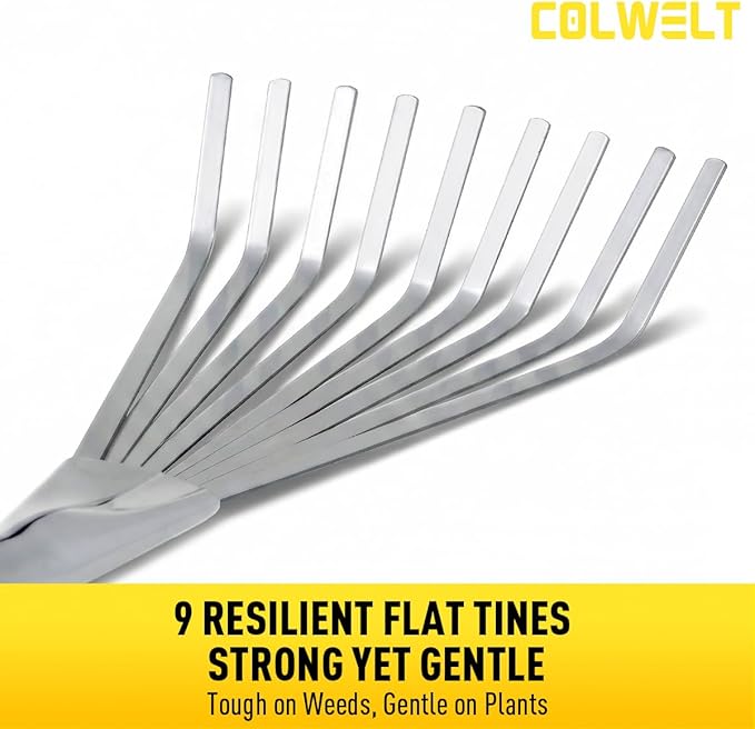 Colwelt Hand Rake 16.5", Small Rake for Gardening with 9 Resilient Flat Tines, Metal Mini Rake with Hanging Hole for Storage, Hand Fan Rake for Leaves, Loosening Soil, Spreading Mulch, Flower Beds