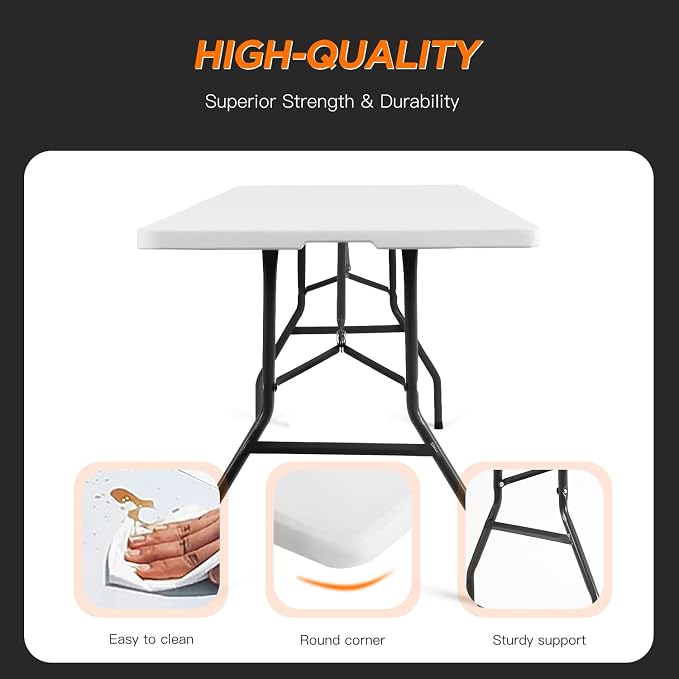 BestOffice 8FT Picnic Table Folding Table Camping Table Plastic Table Fold Up Table Lock for Party Event,White