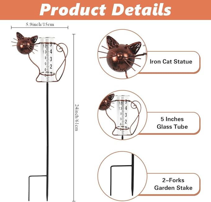 Rain Gauge with Large Clear Numbers, Rain Gauge Outdoor Garden Stake, 5-Inch Glass Tube Rain Water Gauges for Garden, Yard, Lawn, Patio(Cat)
