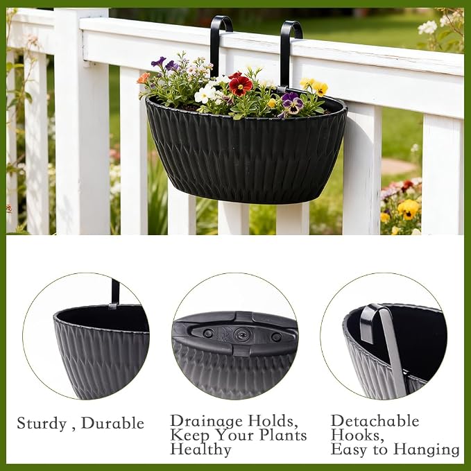 9 Inch Hanging Flower Pots, 3 Pcs Black Railing Fence Hanging Bucket Planter with Detachable Hooks, Countryside Window Plant Holder for Outdoor Garden Yard Home Decor