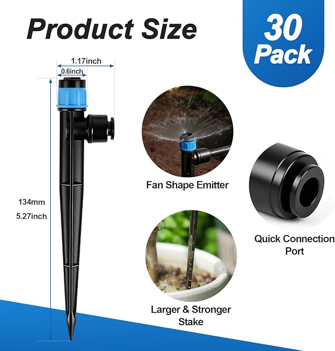 30 Pack Quick Connect 1/4 Inch Drip Irrigation Emitters Fittings, 1/4'' Dripline Push-to-Fit Irrigation Vortex Emitters Adjustable 360 Degree Emitter with Stake for Garden Sprinkler Systems