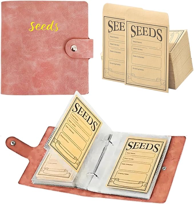 Seed Storage Organizer Binder, Leather Seed Packet Organizer with 50 Clear Pockets(25 Pack Sheet Sleeves) and 50 Pack Seed Envelopes, Garden Seed Holder Book, Pink Flower Plant Seed Keeper