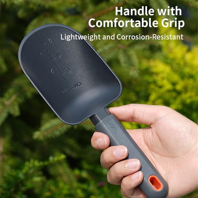 JIMIHOME Aluminum Alloy Garden Soil Scoop - Heavy Duty Hand Trowel with Measurement Marks, Rust Resistant Shovel for Potting, Digging, Transplanting, Pet Food & Beach Sand - Minimalist Black