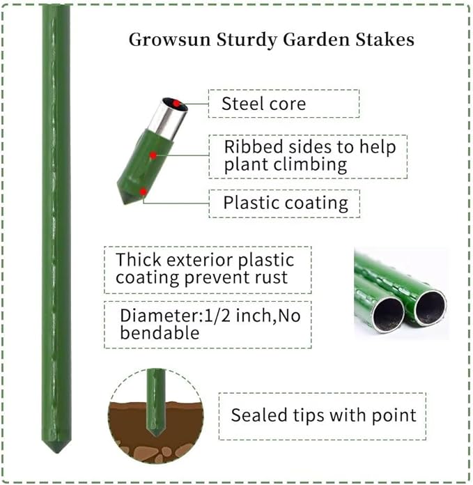 Growsun 4ft Tomato Stakes Garden Stakes Plant Cage Supports Tomato Trellis Climbing Metal w/Plastic Coated, Pack of 50