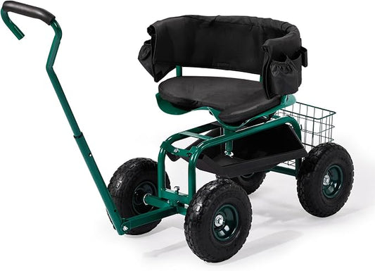 VINGLI Garden Cart with Soft Rolling Seat, Wheels, Adjustable Steering Handle & Utility Tool Tray, Planting Wagon Scooter, Gardening Tool for Senior, for Patio, Backyard, Lawn & Outdoor, Green