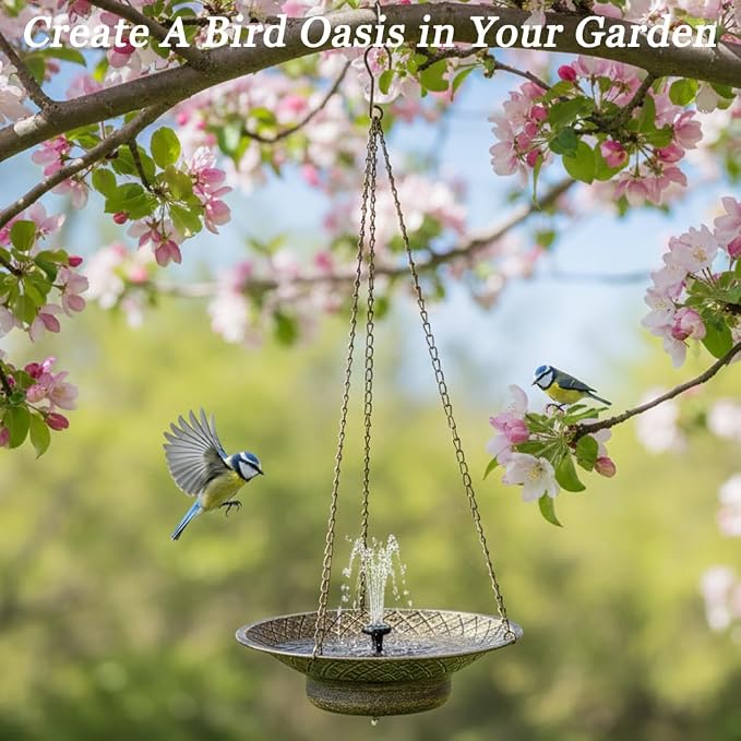 Hanging Solar Bird Bath for Outdoors, Metal Solar Powered Bird Bath Fountain, No Batteries Needed, 12.6" Hanging Bird Baths for Garden Patio Lawn Decor, Gold