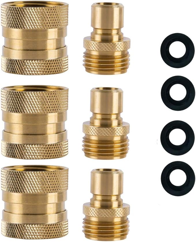 HQMPC Garden Hose Quick Connect Brass Hose Quick Adapter Quick Fittings 3/4“GHT Thread Pressure Washer Adapter(3 Female+ 3 Male)