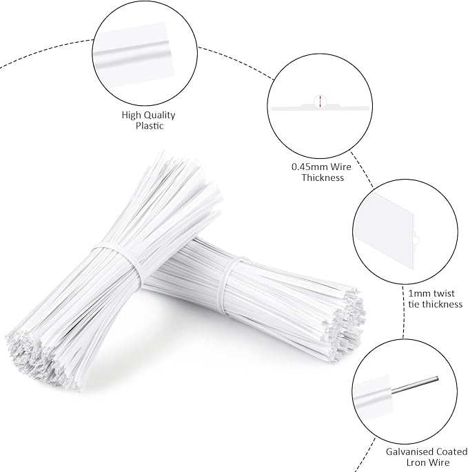 Oligei 600 Pcs Plastic 5" Twist Ties for Bags, Wire Ties Reusable Twist Bread Ties for Household and Office Use (White)