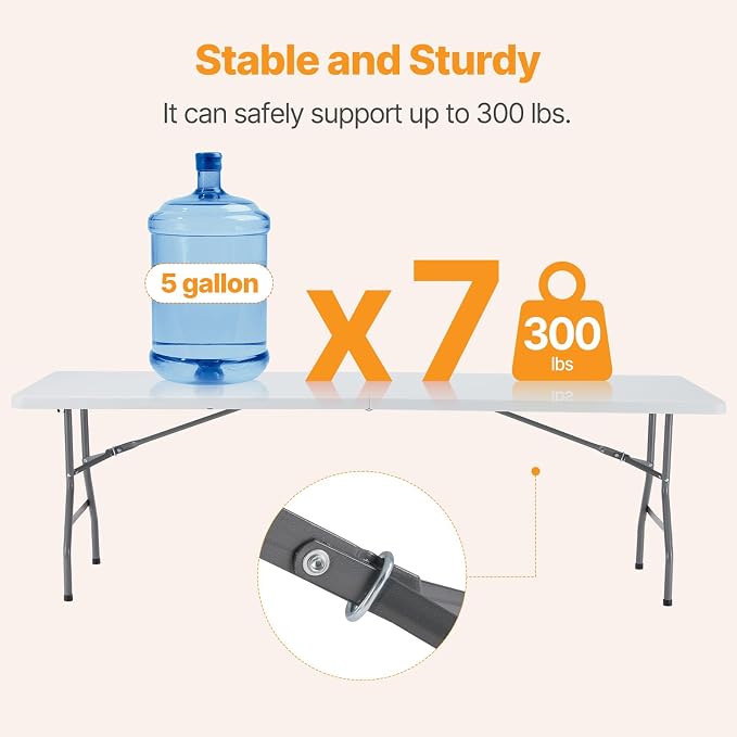 NEWBULIG 8 FT Foldable Table Easy to Fold and Store, Folding Picnic Table for Picnic Camping Kitchen Dining Party Outdoor Indoor with Carrying Handle, White
