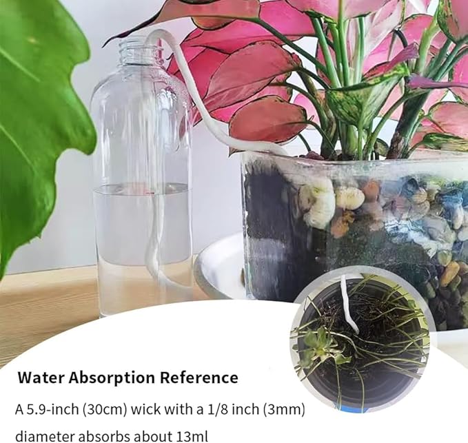 49.2 feet 1/8 Inch Natural White Self Watering Wick Cord Automatic Watering Cotton Rope System Hydroponic Wicking for Vacation Plant Care Capillary Wicks for Self Watering Planters and Pot