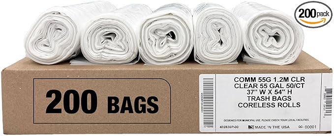 Ultrasac Heavy Duty 55 Gallon Clear Trash Bags - (Value 200 Pack) - 1.5 MIL equivalent Industrial Strength Plastic 37" x 54" for 50-55 Gal Cans -Fits Toter, Rubbermaid Brute, Carlislie Bronco etc.