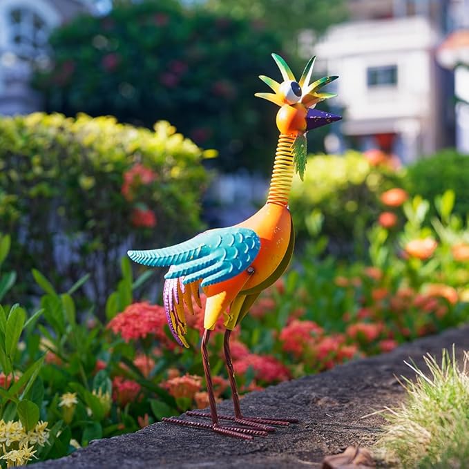 Metal Wacky Rooster Garden Statue, Rooster Decor Yard Statue Decorations Outdoor, Chicken Yard Art for Outside, Patio, Backyard, Lawn (Orange)