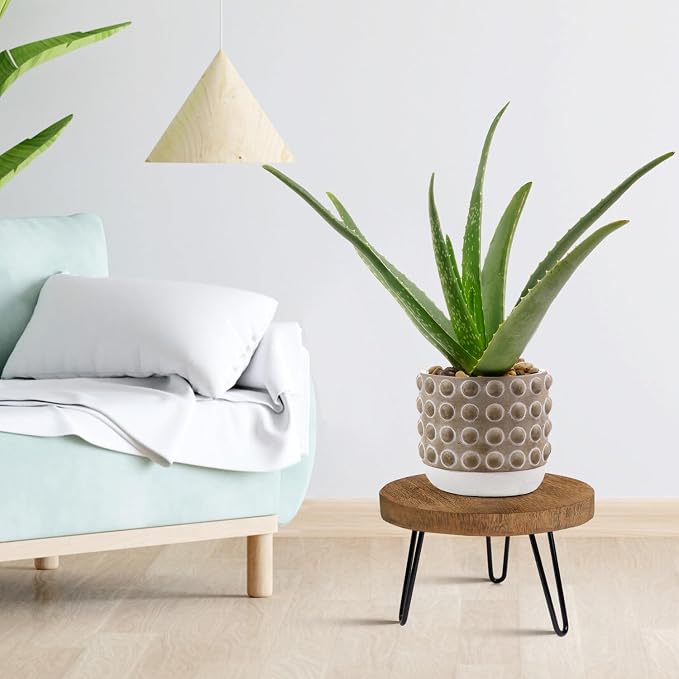 OBTAIN Plant Stand Indoor Outdoor, Wooden plant Stool, Mid Century Plant Stand for Indoor Plants, Wood Modern Plant Holder Rattan Flower, Low Short Boho Rustic Planter Stand Fit 5-15 Inch Pot(M, L)