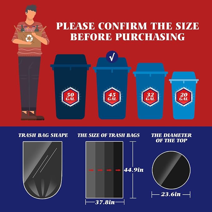 Teivio Black Large Trash Bags 40-45 Gallon 200 Count | Large Multipurpose | Fit 35,39,40,42,44,45 gallon Garbage Bin Liner | Kitchen | Lawn And Leaf Bags Outdoor Yard Waste Bag | Workshops Trash