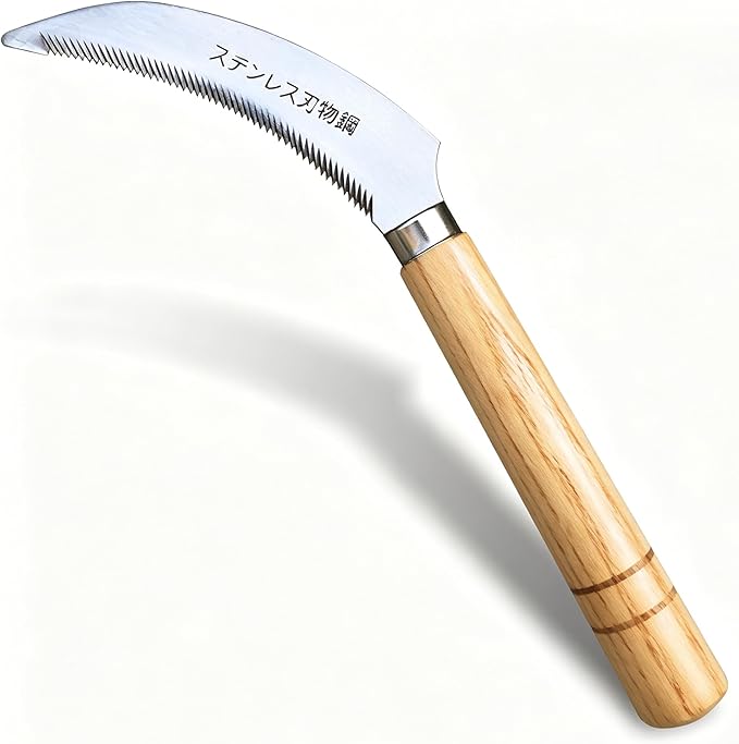 Grass Sickle with Sawtooth Japanese Weeding Hoe Garden Hand Tool Weeding Tools for Garden High-Strength Steel with Solid Wood Handle (Brown)