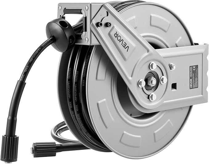 VEVOR Pressure Washer Hose Reel, 65 ft x 1/4 inch Retractable Power Heavy-Duty Steel Washer Hose Reel, 3200PSI Max, Auto-Rewinding, Flexible Wall/Floor Mounted for Car Washing,Garden,Floor Cleaning
