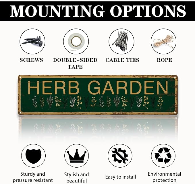 Herb Garden Metal Tin Sign, Vintage Rustic Garden Decor, Farmhouse Botanical Wall Decor, for Kitchen Yard Fence Porch Door, Outdoor Gardens Decoration, Ideas for Gardening Lovers, 15.7 x 3.9 Inches