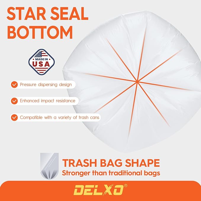 DELXO 30-33 Gallon Trash Bags, 250 Count Light to Medium Large Clear Garbage Bags, Thick Durable and Puncture-Resistant Plastic Bags for Kitchens, Yards & Offices, Made in USA