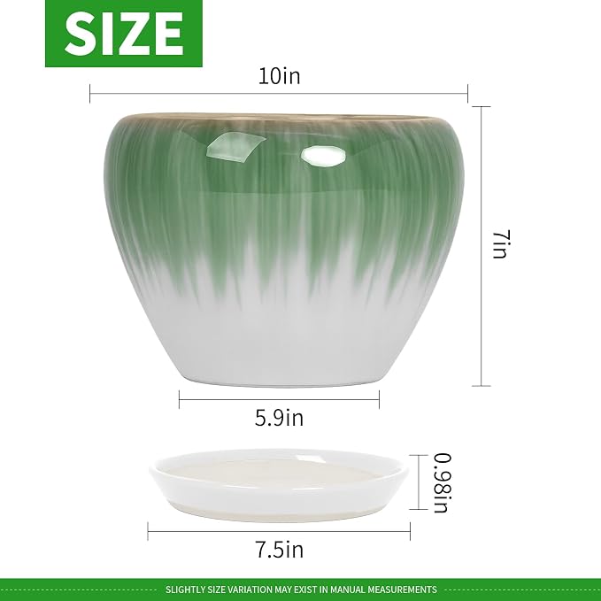 Deep Dream 10 Inch Plant Pot- Ceramic Planter Pot Round Plant Pots for Indoor Plants Outdoor Large Flower Pot with Drainage Holes & Trays, White&Green