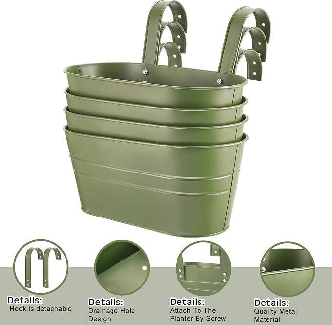 Hicarer Metal Hanging Flower Pots for Railing Fence, Large Hanging Rail Planters for Outdoor Window Balcony Plants Holder with Hooks for Garden Yard Home Decor(Green,4 Pcs)