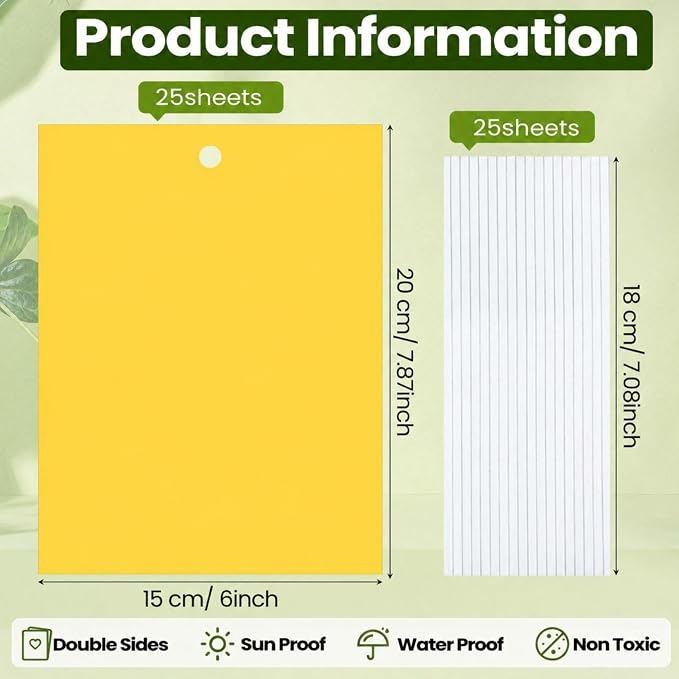 Qualirey 25 Pcs 6x8 Inch Yellow Sticky Traps for Gnats, Dual-Sided Sticky Gnat Traps for Indoor Outdoor Plants, Pest Control for Fungus Gnats, Fruit Flies, Whiteflies with Twist Ties