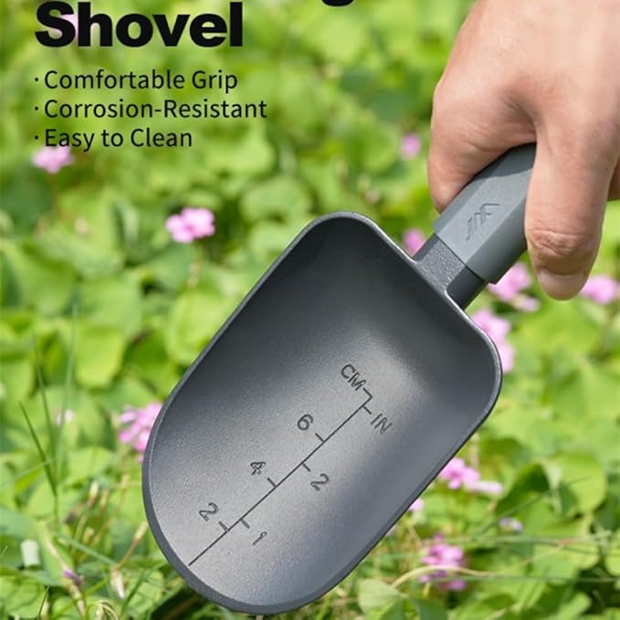 JIMIHOME Aluminum Alloy Garden Soil Scoop - Heavy Duty Hand Trowel with Measurement Marks, Rust Resistant Shovel for Potting, Digging, Transplanting, Pet Food & Beach Sand - Minimalist Black