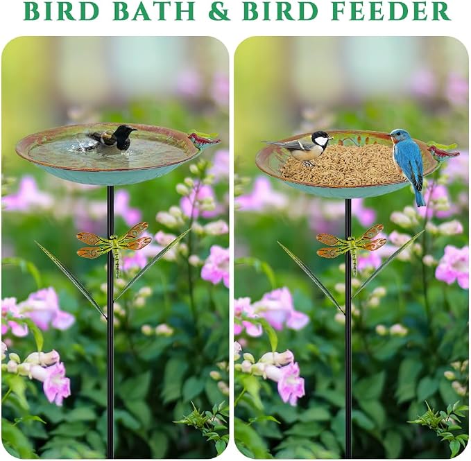 VEWOGARDEN 38" Tall Metal Bird Bath for Outside, Outdoor Bird Bath Feeder with Stable Stake for Garden, Yard, Patio Decor, Blue-Green