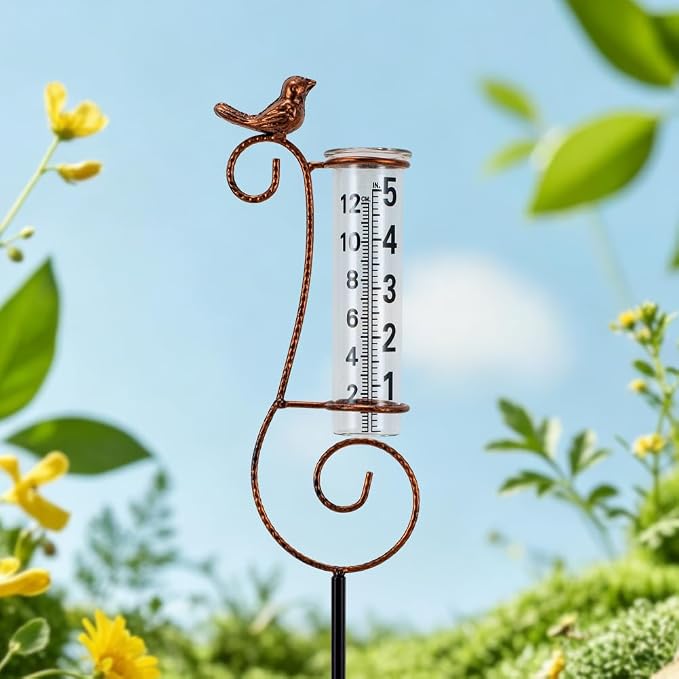 Rain Gauge Outdoor, Hummingbird Rain Gauges for Yard, Freeze Proof Rain Gauge with 7" Glass Tube, Metal Decorative Garden Stake for Measuring Precipitation