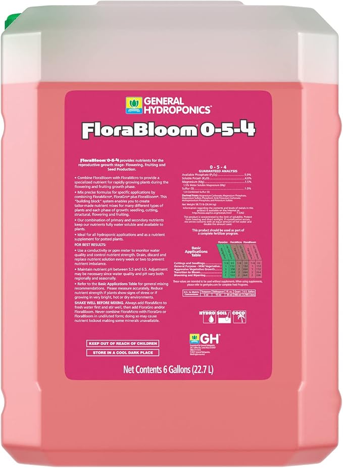General Hydroponics FloraBloom 0-5-4 Advanced Nutrient System to Provide Nutrients for Reproductive Growth, 6 Gal.