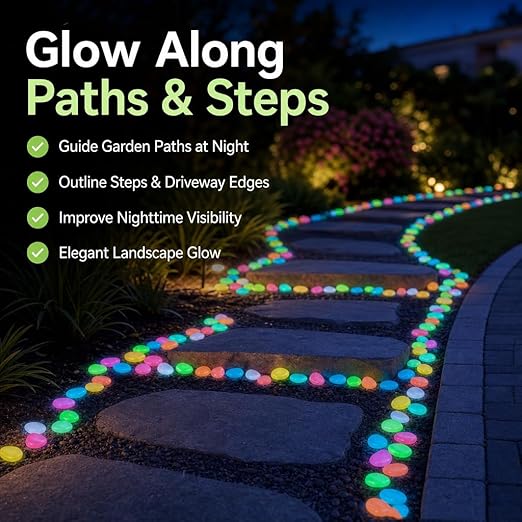 Colorful Glow in the Dark Garden Stones, Night Guide Luminous Pebbles Rainbow, Glow in the Dark Stepping Rocks Outdoor, Landscaping Decor, Glowing Stones Fish Tank Aquarium Decorations (200/Pack)