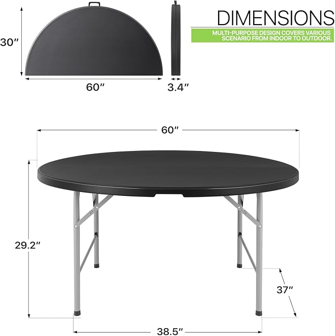 Magshion 60" Round Folding Table, 5 Feet Bi-Folding Plastic Commercial Dining Card Table w/Carrying Handle for Outdoor Wedding Party Event Picnic, Black
