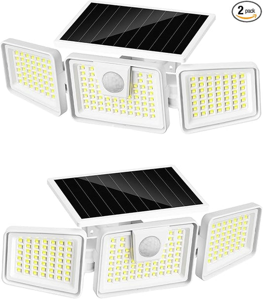 INCX 156 LED Solar Motion Lights Outdoor 2 Pack, 3 Heads Solar Security Lights with Motion Sensor IP65 Waterproof, Flood Lights for Wall, Patio, Garden, Porch, Garage White