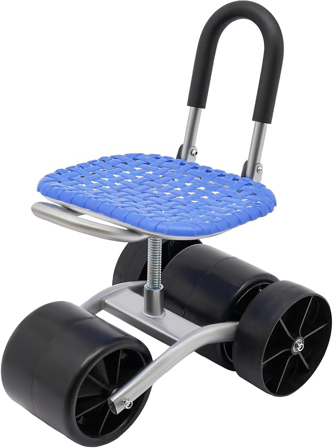 Garden Work Seat with Wheels, 360° Swivel Height Adjustable Rolling Garden Stool, Heavy Duty Garden Scooter with Galvanized Steel Frame for Planting, Picking, Weeding and Yard Work