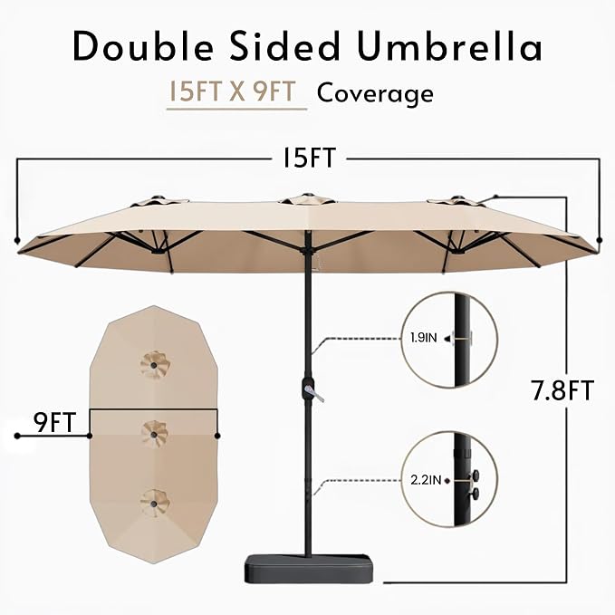 15ft Large Patio Umbrellas with Base Included, Outdoor Double-Sided Rectangle Market Umbrella with Stand, Outside Umbrellas for Poolside Lawn Backyard