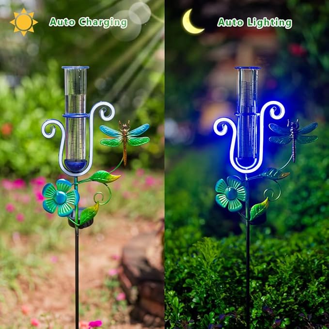 Dragonfly Rain Gauge Outdoor, Solar Rain Gauge with Led Neon Lights, Freeze Proof Rain Gauges for Patio, Garden Yard, Measuring Precipitation