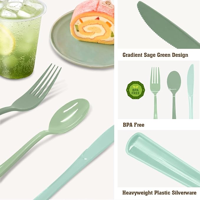 60 Pcs Sage Green Plastic Forks Heavy Duty Sage Green Plastic Silverware Disposable Utensils Sets for Brithday, Wedding, Baby Shower, Bridal Shower