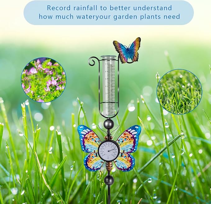 Rain Gauge Outdoor with 7 Inch Tube, Rain Gauges with Thermometer Waterproof Measure Gauge Decor for Yard, Garden, Lawn(Butterfly)