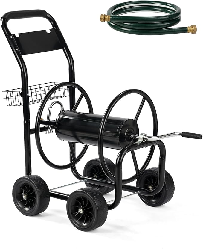 Outvita Garden Hose Reel Cart, Heavy Duty Water Hose Cart for Outside, Lawn Watering, for Garden, Yard, Lawn, Farm, Hold Up to 300 ft of 5/8’’ Hose, 4 PU Wheels, Storage Basket (Green)