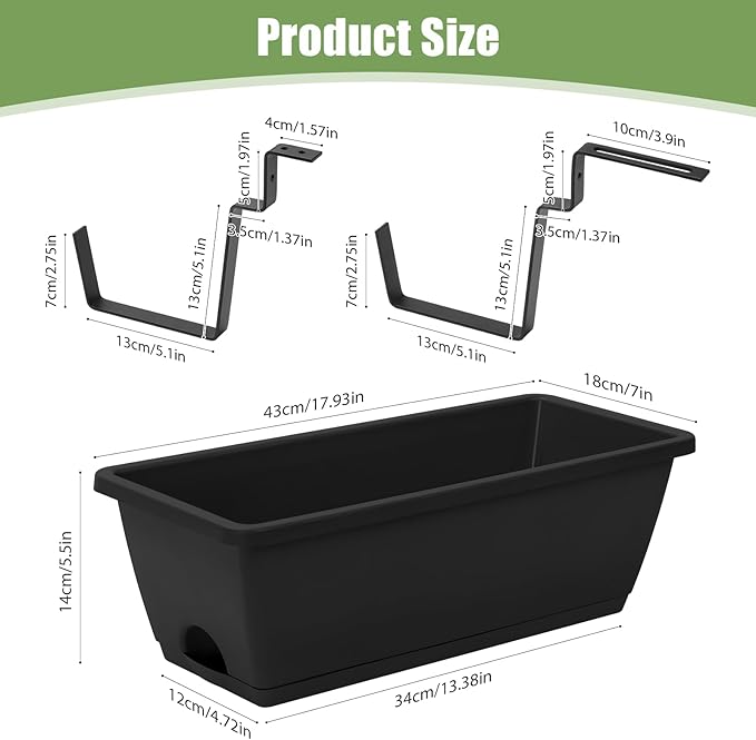 Sunexinlo 4-Pack Railing Planter Boxes with Double-Sided Adjustable Brackets, Plastic Rectangular Flower Boxes with Drainage Holes and Trays for Outdoor Balcony, Deck, Patio, Porch, Fence, Black