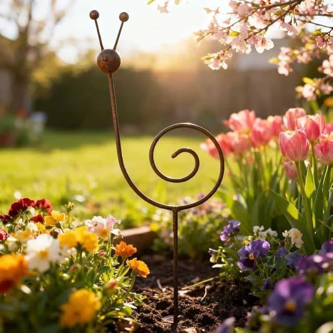 Rusty Metal Snail Garden Stake, 34.64 Inch Yard Art Sculpture, Outdoor Lawn Ornament for Patio, Porch, Backyard Decor (Bronze)